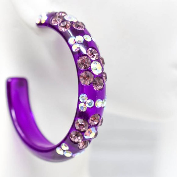 2" Flower Pattern Purple Lucite Rhinestone Hoops - Picture 4 of 13